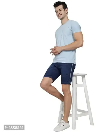 PODGE Men's Denim Slim Fit Dark Blue Side Stripe Shorts (PGMS-STRP-DBL-002)-thumb4