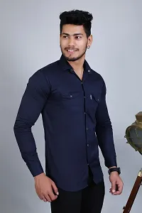 PODGE?Men Slim Fit Solid Spread Collar Casual Navy Blue Shirt(PDMS-529)-thumb2