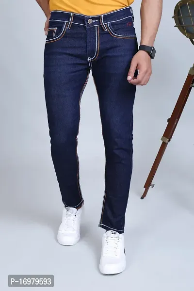 PODGE Stylish Dark Blue Denim Solid Mid-Rise Jeans For Men