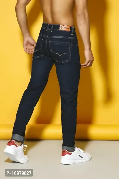 PODGE Stylish Dark Blue Denim Solid Mid-Rise Jeans For Men-thumb2