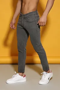 PODGE Stylish Grey Denim Solid Mid-Rise Jeans For Men-thumb4