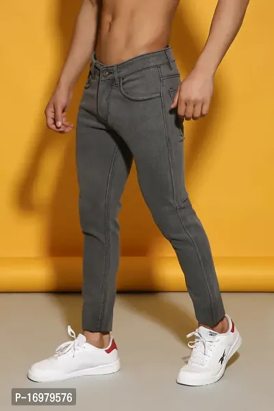 PODGE Stylish Grey Denim Solid Mid-Rise Jeans For Men-thumb5
