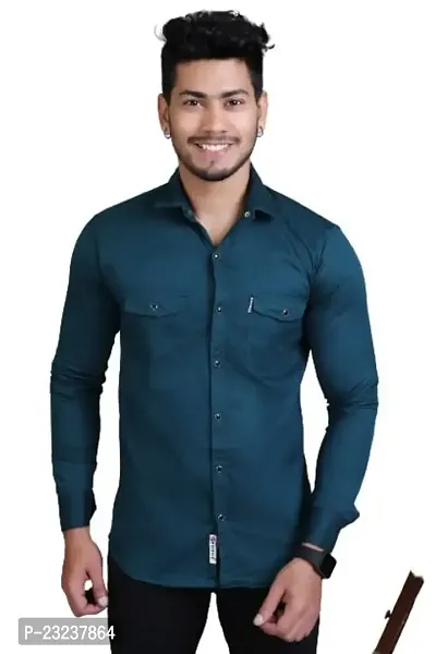 PODGE?Men Slim Fit Solid Spread Collar Casual Petrol Shirt(PDMS-520)