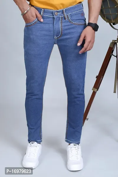 PODGE Stylish Light Blue Denim Solid Mid-Rise Jeans For Men-thumb0