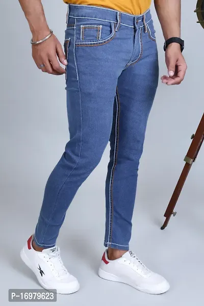 PODGE Stylish Light Blue Denim Solid Mid-Rise Jeans For Men-thumb3