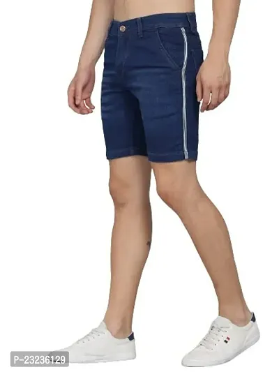PODGE Men's Denim Slim Fit Dark Blue Side Stripe Shorts (PGMS-STRP-DBL-002)-thumb3
