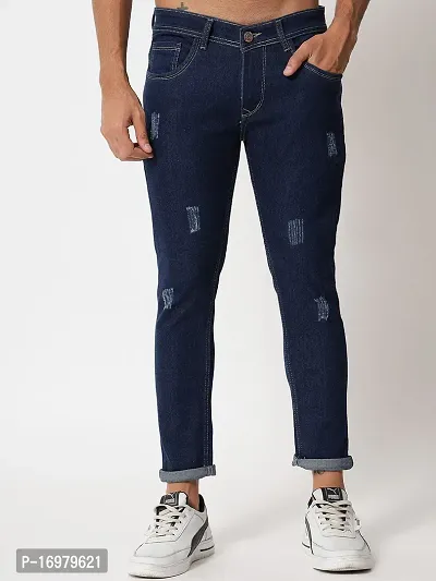 PODGE Stylish Dark Blue Denim Solid Mid-Rise Jeans For Men-thumb0