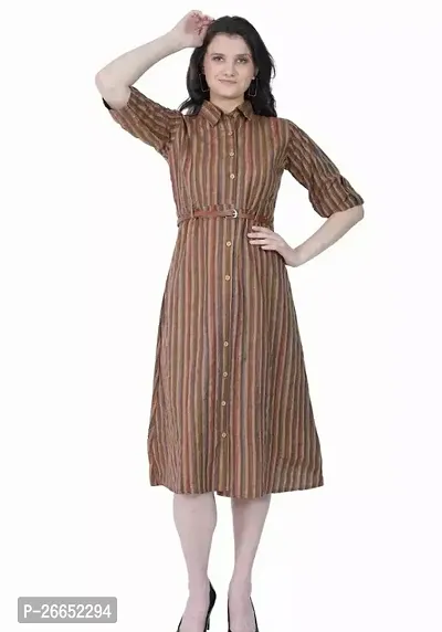 Stylish Brown Crepe Striped Dresses For Women-thumb0