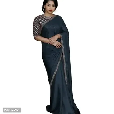 Market Magic World Women's Fashion Vichitra Silk Embroidery Work Border Saree With Blouse Piece (Peacock)