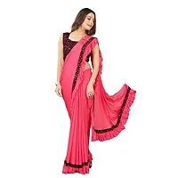 Market Magic World Women's Lycra Ruffled Sequnce Lace Border Ready to Wear Saree with Fancy Patch (Red)-thumb1