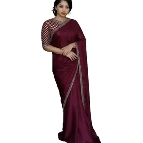 Market Magic World Women's Fashion Vichitra Silk Embroidery Work Border Saree With Blouse Piece (Peacock)