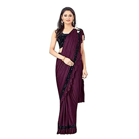 Market Magic World Women's Lycra Ruffled Ready to Wear Saree Trending festive Season Design Sequence Fancy Patch Lace Border with Blouse Piece (Wine)