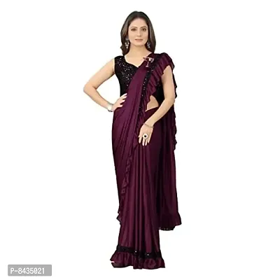 Market Magic World Women's Lycra Ruffled Ready to Wear Saree Trending festive Season Design Sequence Fancy Patch Lace Border with Blouse Piece (Wine)-thumb0