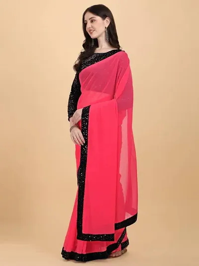 KHATUPATI CREATIONWomen's Solid Georgette LightWeight Casual Wear Lace Border saree with Unstitched Blouse Piece (DarkPink)