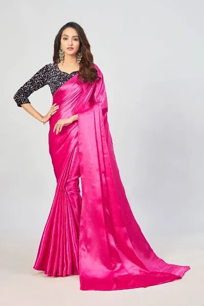 New Trendy Satin Solid Saree with Blouse piece