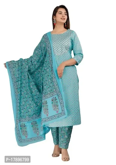 NEOCLASSY Women Foil Print  Gota Patti Work Straight Cotton Kurta, Pyjama  Dupatta Set Sky Blue-thumb0