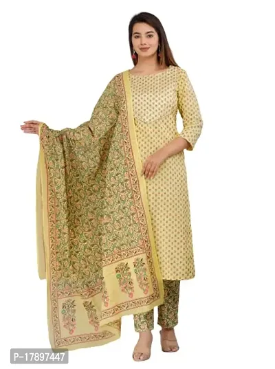 NEOCLASSY Women Foil Print  Gota Patti Work Straight Cotton Kurta, Pyjama  Dupatta Set Yellow-thumb0
