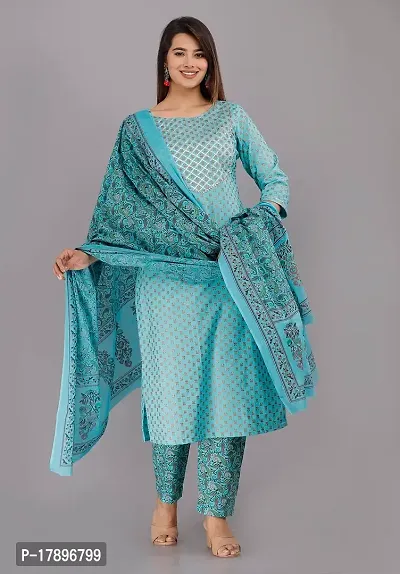 NEOCLASSY Women Foil Print  Gota Patti Work Straight Cotton Kurta, Pyjama  Dupatta Set Sky Blue-thumb4