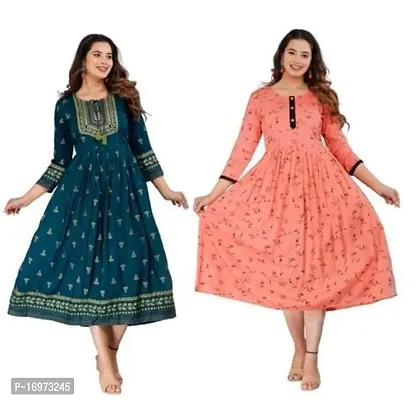 Beautiful Multicoloured Rayon Anarkali Kurti For Women Pack Of 2-thumb0