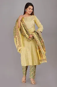 NEOCLASSY Women Foil Print  Gota Patti Work Straight Cotton Kurta, Pyjama  Dupatta Set Yellow-thumb3