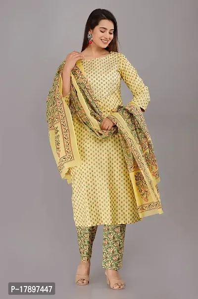 NEOCLASSY Women Foil Print  Gota Patti Work Straight Cotton Kurta, Pyjama  Dupatta Set Yellow-thumb4
