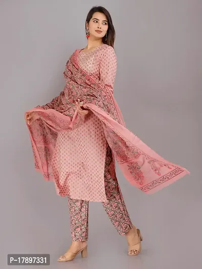 NEOCLASSY Women Foil Print  Gota Patti Work Straight Cotton Kurta, Pyjama  Dupatta Set Peach-thumb2