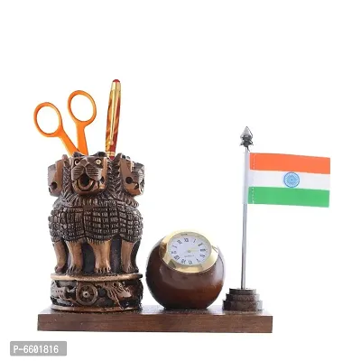 Wooden pen Holder With Ashoka pillar and Flag and lclock-thumb0