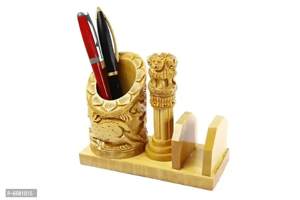 Wooden pen Holder With Ashoka pillar and Flag and lclock-thumb2