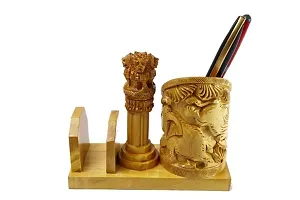 Wooden pen Holder With Ashoka pillar and Flag and lclock-thumb2