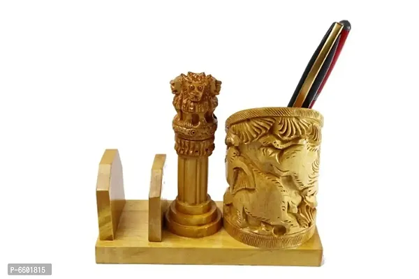 Wooden pen Holder With Ashoka pillar and Flag and lclock-thumb3