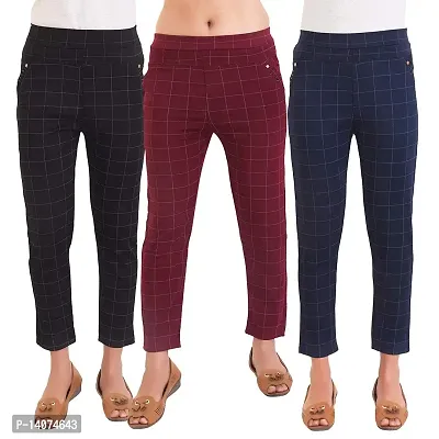 Heena Collection Women's Slim Fit Jeggings(Pack of 3) (Check Pant_Black; Maroon  Blue_Free Size)-thumb0