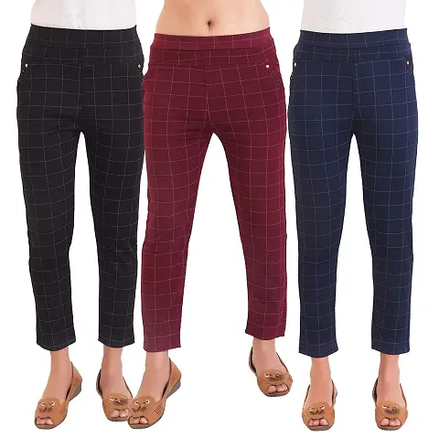 Heena Collection Women's Slim Fit Jeggings(Pack of 3) (Check Pant_Black; Maroon  Blue_Free Size)