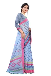 SETU TREANDZ Women's Linen Soft Jute Pure Cotton Handloom Saree With Printed Blouse Piece(Multicolored_Free Size) (SKY BLUE)-thumb2
