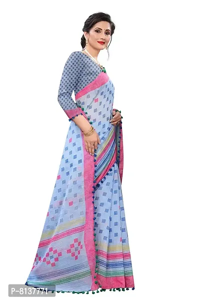 SETU TREANDZ Women's Linen Soft Jute Pure Cotton Handloom Saree With Printed Blouse Piece(Multicolored_Free Size) (SKY BLUE)-thumb3