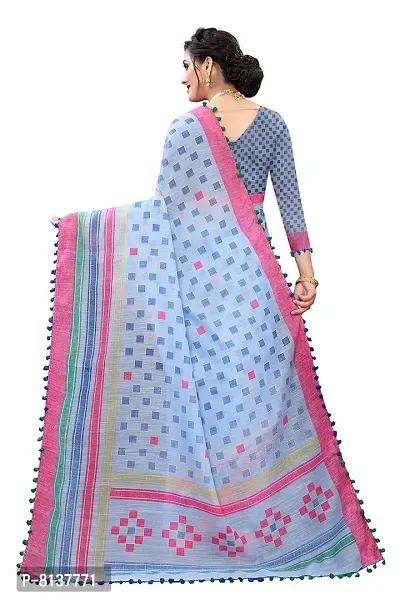 SETU TREANDZ Women's Linen Soft Jute Pure Cotton Handloom Saree With Printed Blouse Piece(Multicolored_Free Size) (SKY BLUE)-thumb4