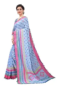 SETU TREANDZ Women's Linen Soft Jute Pure Cotton Handloom Saree With Printed Blouse Piece(Multicolored_Free Size) (SKY BLUE)-thumb1