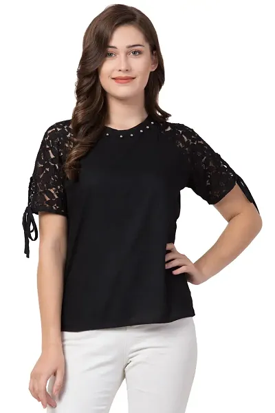 Stylish Solid Lace Sleeve Blouse Top