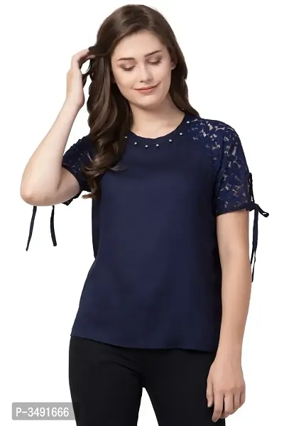 Stylish Rayon Solid Navy Blue Round Neck Top