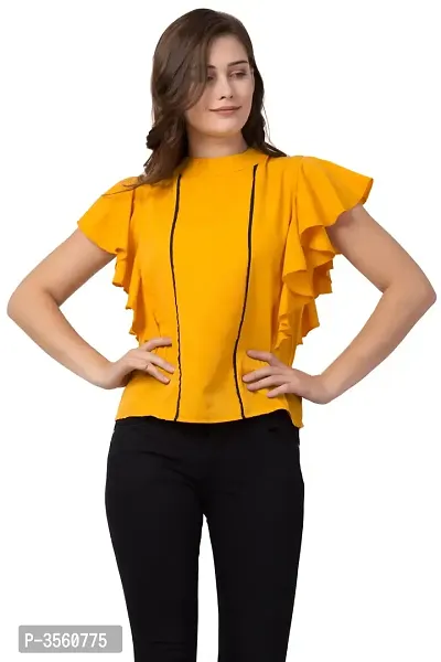 Women Ruffle Yellow Solid Crepe Top-thumb0