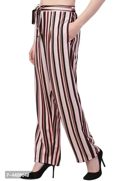 Elegant Brown Striped Crepe Trousers For Women-thumb3