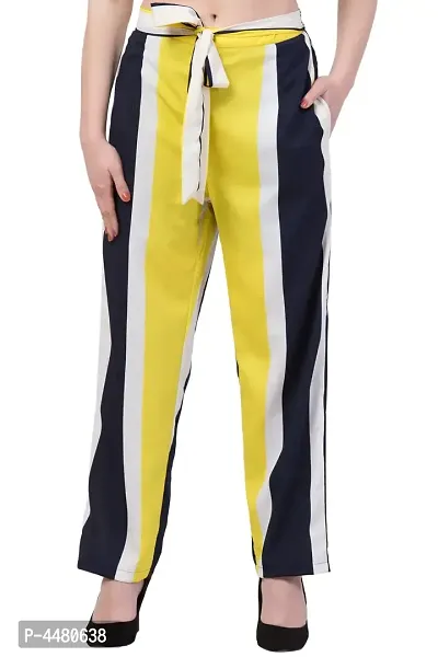 Elegant Yellow Striped Crepe Trousers For Women-thumb2