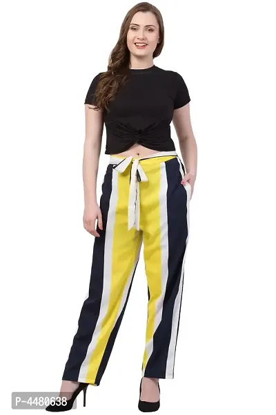 Elegant Yellow Striped Crepe Trousers For Women-thumb0