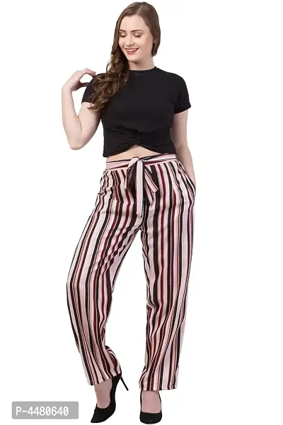 Elegant Brown Striped Crepe Trousers For Women-thumb0