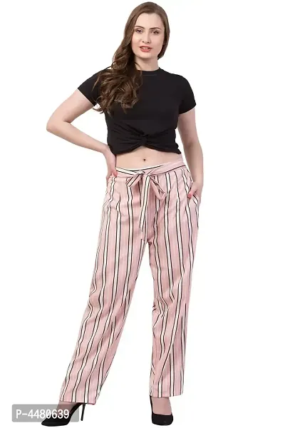 Elegant Pink Striped Crepe Trousers For Women