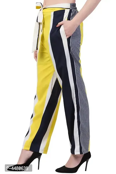 Elegant Yellow Striped Crepe Trousers For Women-thumb5