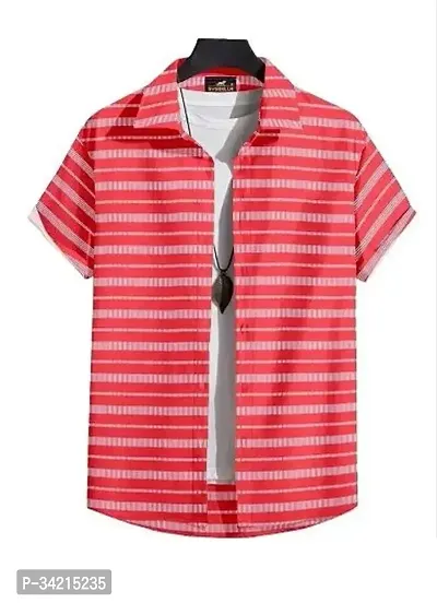 Reliable Red Cotton Blend Striped Short Sleeves Casual Shirts For Men-thumb0