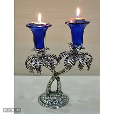 GiftNagri Metal Handicraft Silver Plated Palm Tree Design Antique Look Glass Candle Tealight Holder Blue Color Home Decor Decorative Showpiece For Home Living Room Church Office Shop Counter Decoration-thumb0