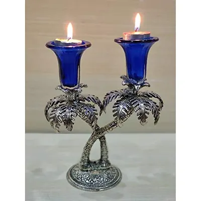 GiftNagri Metal Handicraft Silver Plated Palm Tree Design Antique Look Glass Candle Tealight Holder Blue Color Home Decor Decorative Showpiece For Home Living Room Church Office Shop Counter Decoration