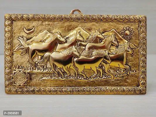 Handcrafted Golden Oxidized Antique Look Metallic Seven Running Horse Painting Like Wall Hanging Showpiece For Business Fortune