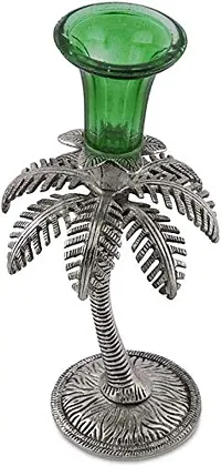 GiftNagri Metal Handicraft Silver Plated Palm Tree Design Antique Look Glass Candle Tealight Holder Green Color Home Decor Decorative Showpiece For Home Living Room Church Office Shop Counter Decoration-thumb1